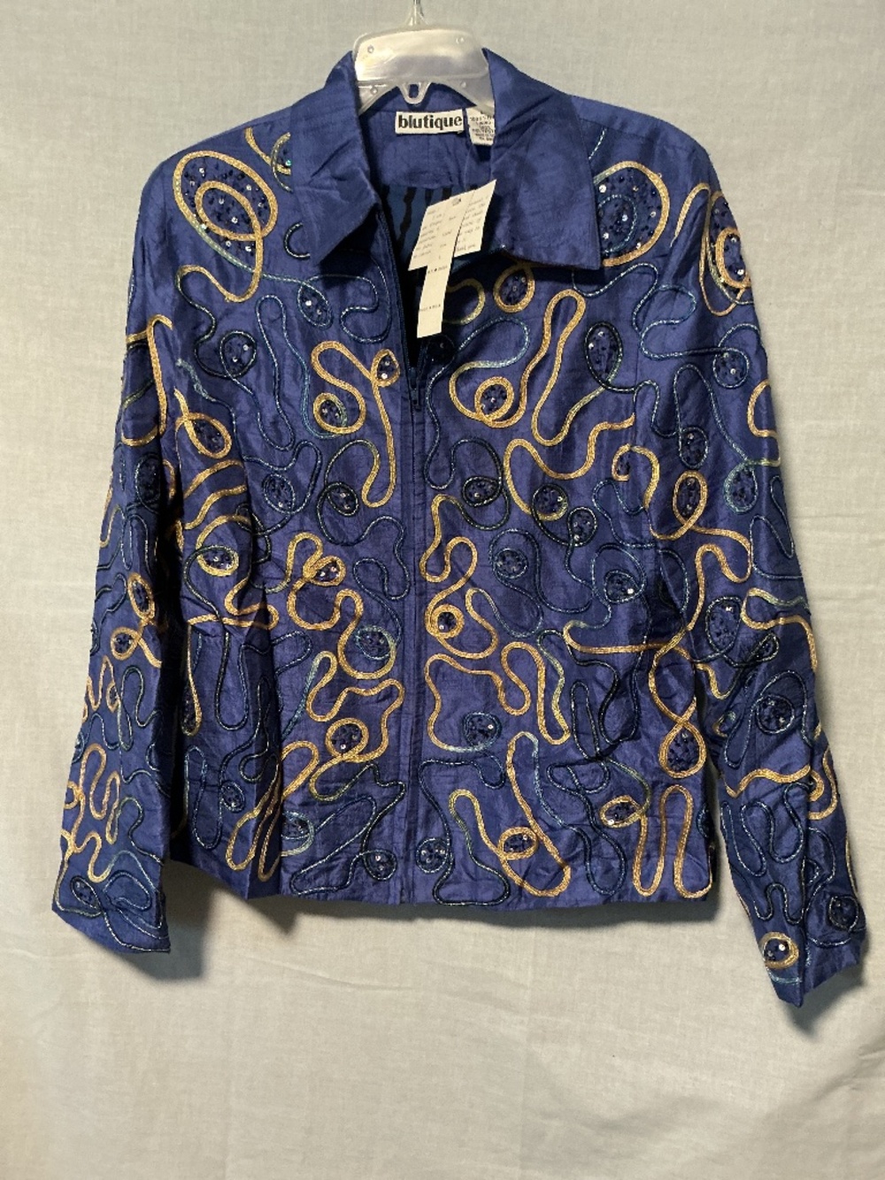 Boutique Blue Silk Embroidered Jacket Blazer Womens Size Large NWT